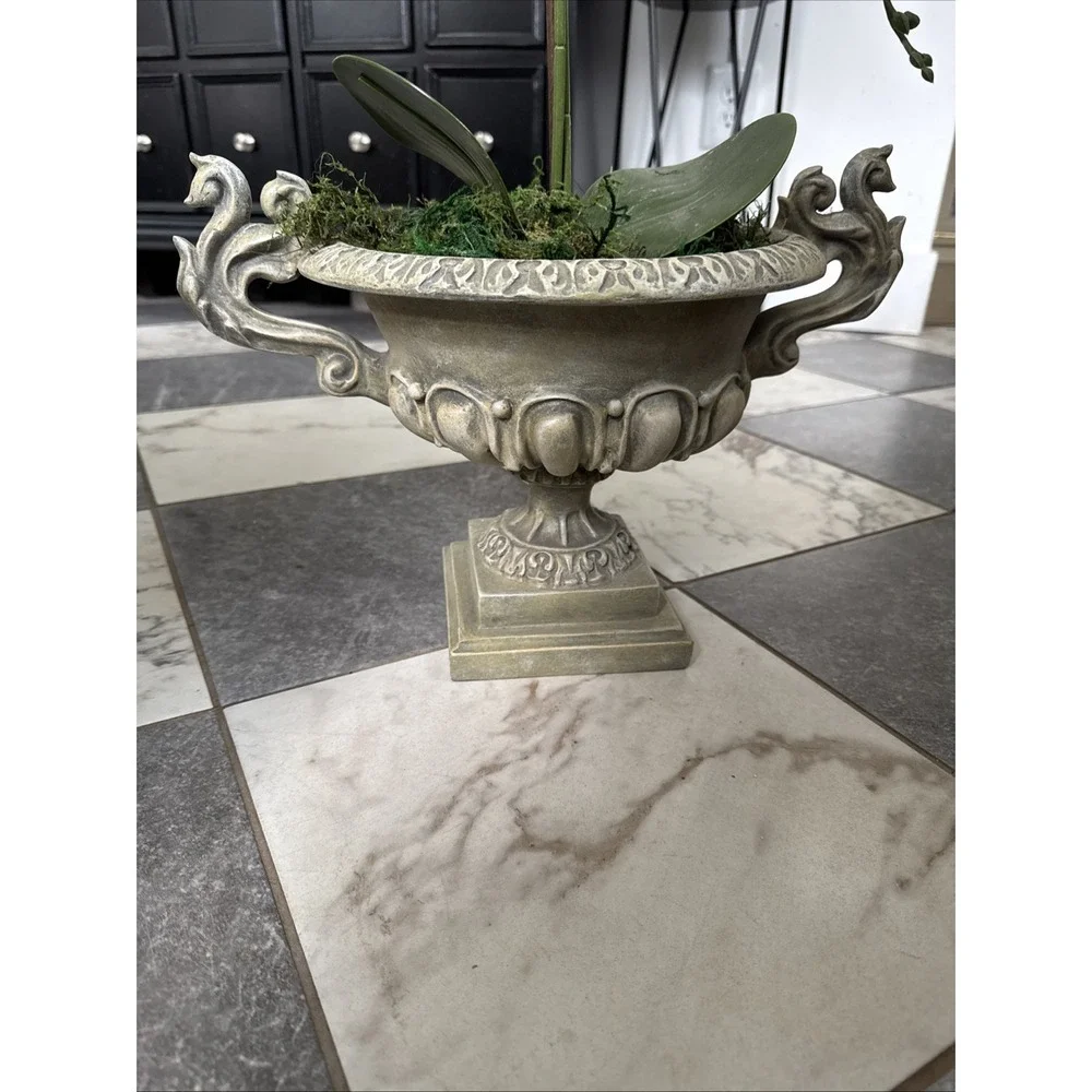 Resin Footed Urn Planter with Faux Orchid Green Mid Century Modern 15x8.75